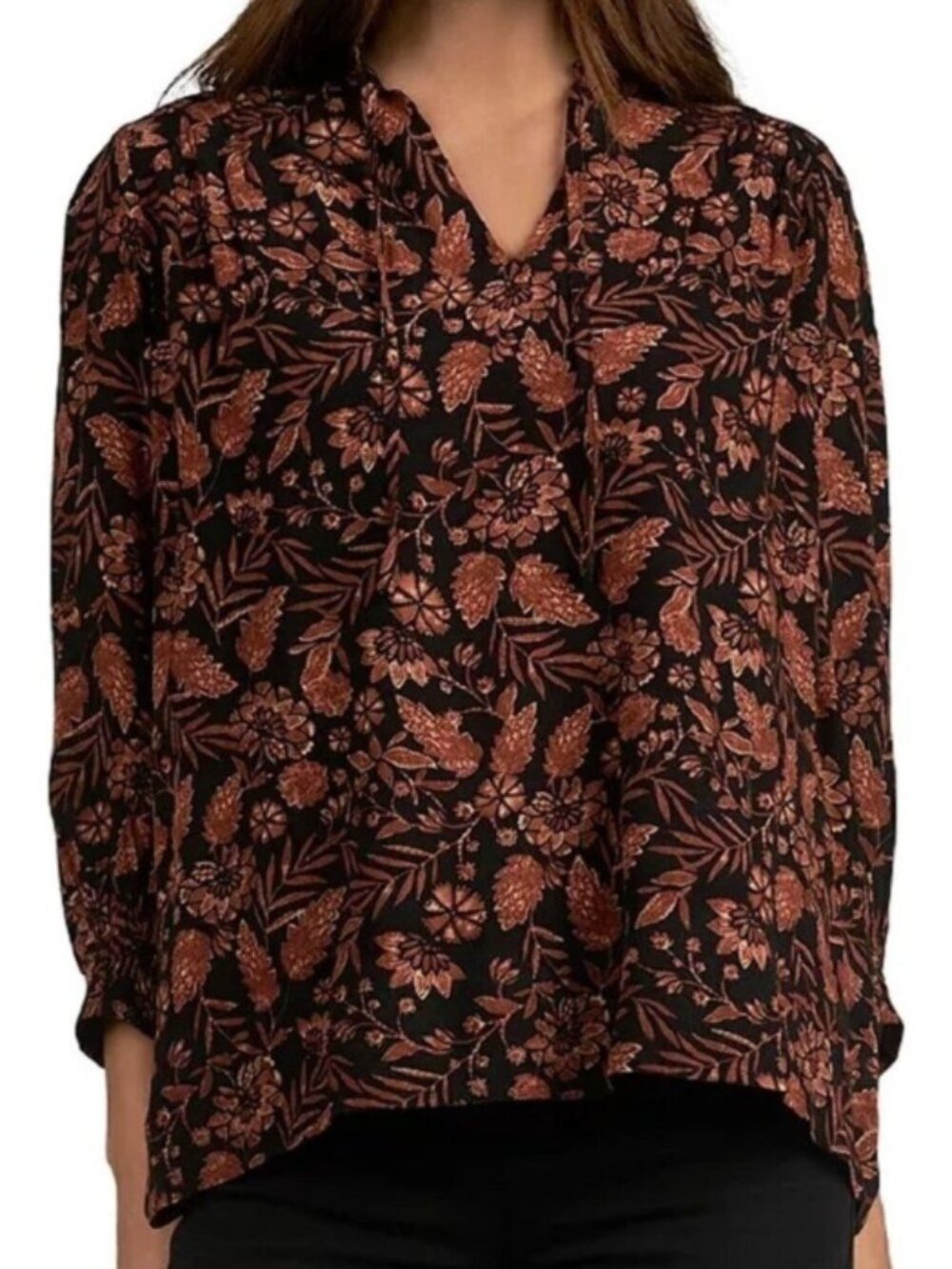 Elan Black Autumn Print Split Neck Top